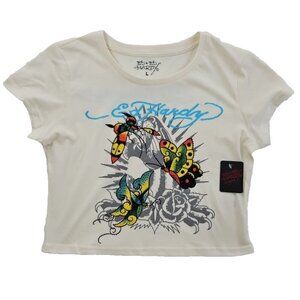 Ed Hardy Crop Tee Women's Large Rhinestone Butterfly Top NWT Logo Art Piece NEW